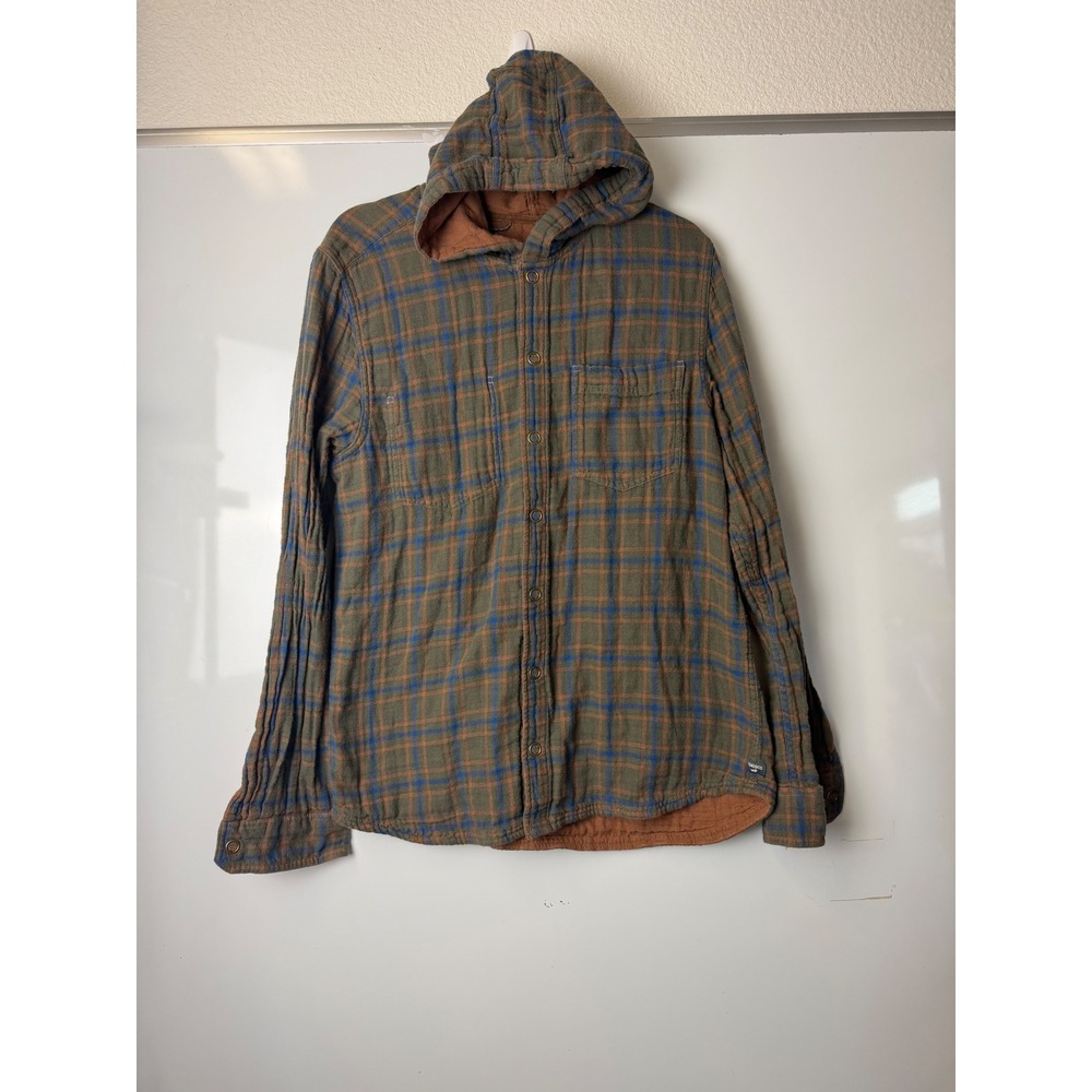 Toad&Co Men Plaid Organic Cotton Hooded Flannel Shirt Olive Green Orange Large